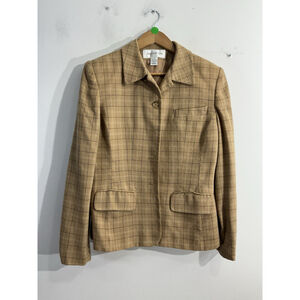 Womans Jones NY Button Down Blazer 12 Brown Plaid Lined Shoulder Pads